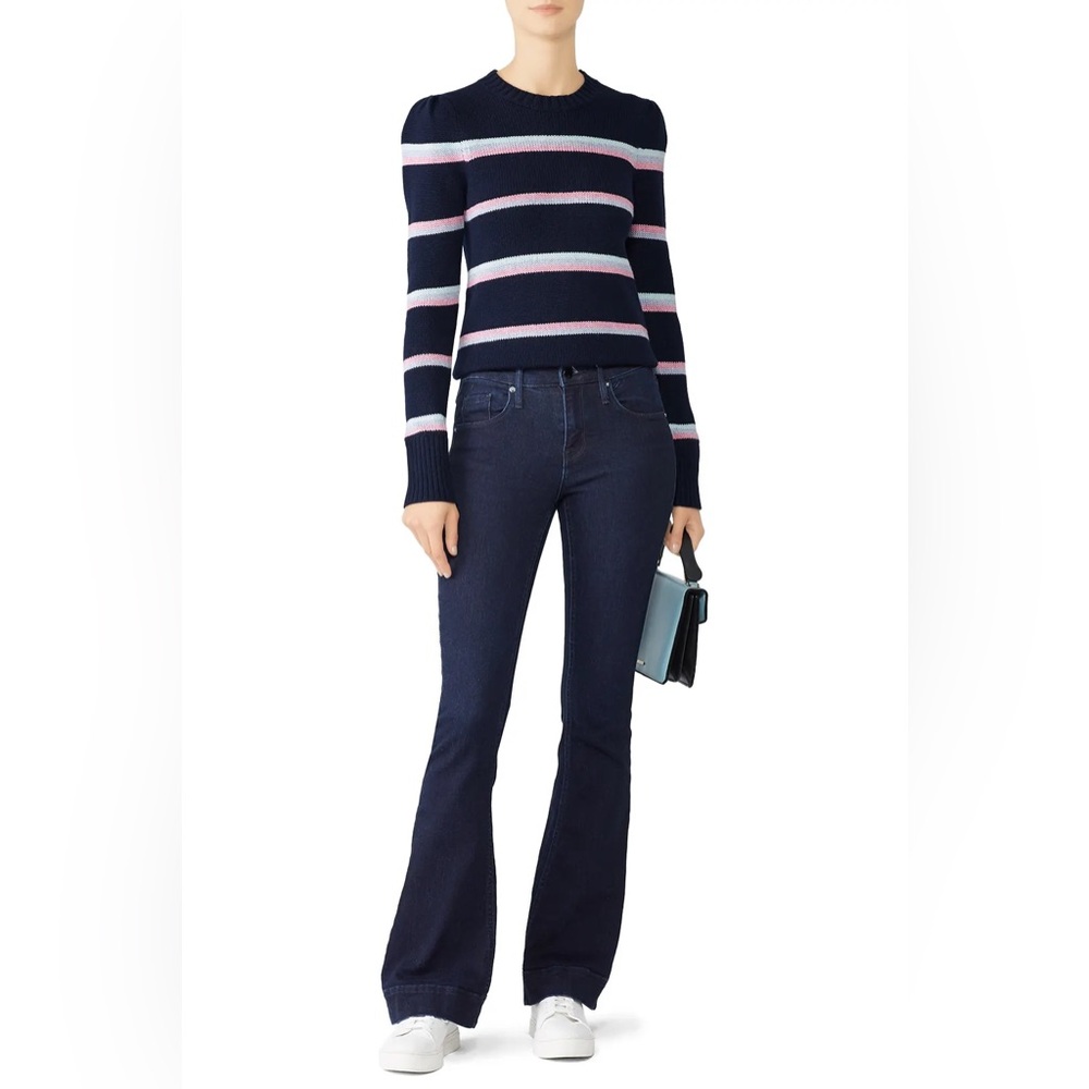 La Vie Rebecca Taylor Wool Stripe Sweater Small Navy Puff Sleeve Crewneck